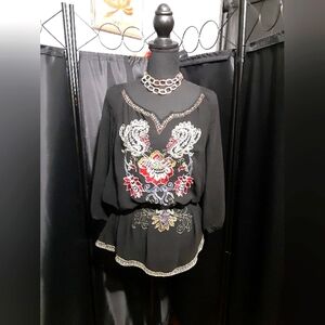 Forever 21 Sheer Black Blouse with Floral Embroidery Size S/P Boho Whimsical